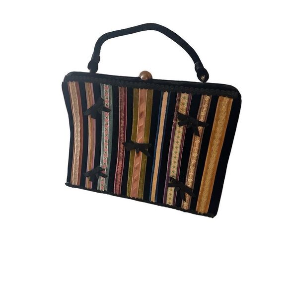 Soure New York Women's Vintage Velvet Stripes Ribbon Shoulder Bag - Picture 1 of 7
